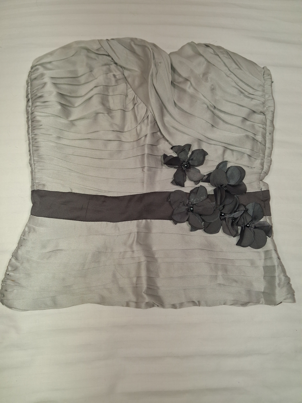 Y2K H&M Silver Ruched Strapless Tube Top with 3D Rosette Flowers - Size 2